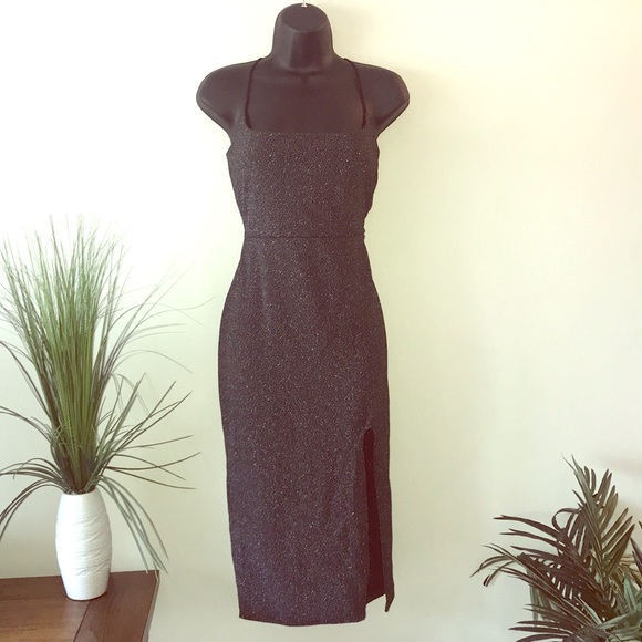 Missguided Black & Silver Midi Dress with Split - Picture 1 of 8